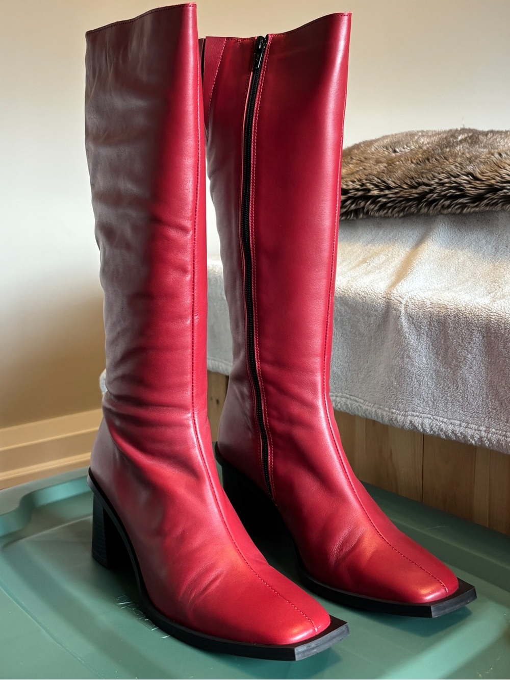 Cassandra Red Leather Block Heel Boots from JodisShoes